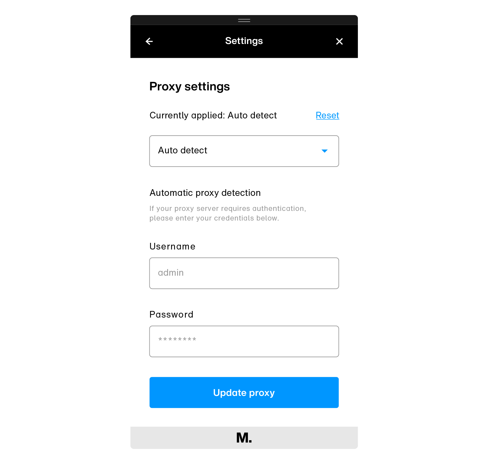 Proxy settings form